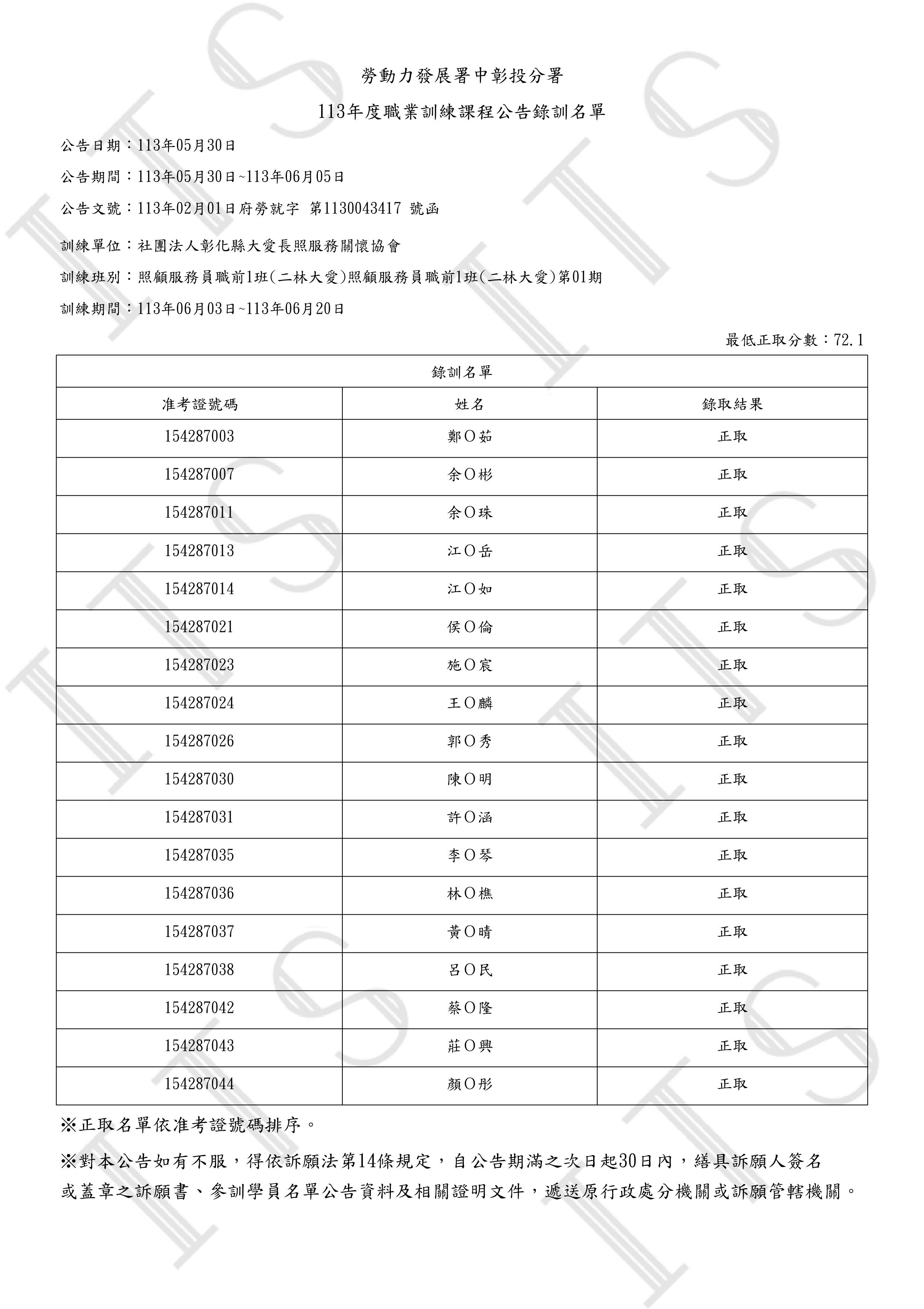 113年照顧服務員職前1班(二林大愛)甄試錄取名單公告